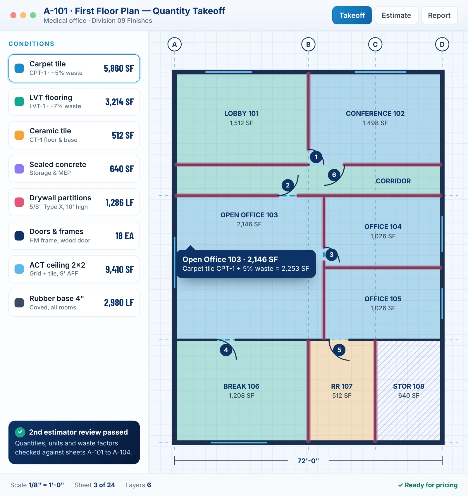 Digital quantity takeoff of a medical office floor plan with color-coded flooring, drywall and door quantities